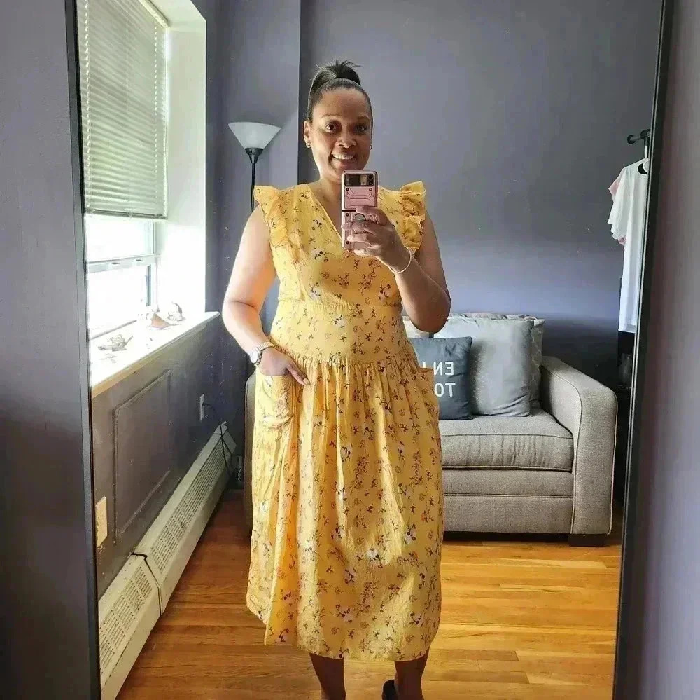 La Maison Talulah Tansy Dress L Yellow Floral Silk Cotton Midi Cottagecore